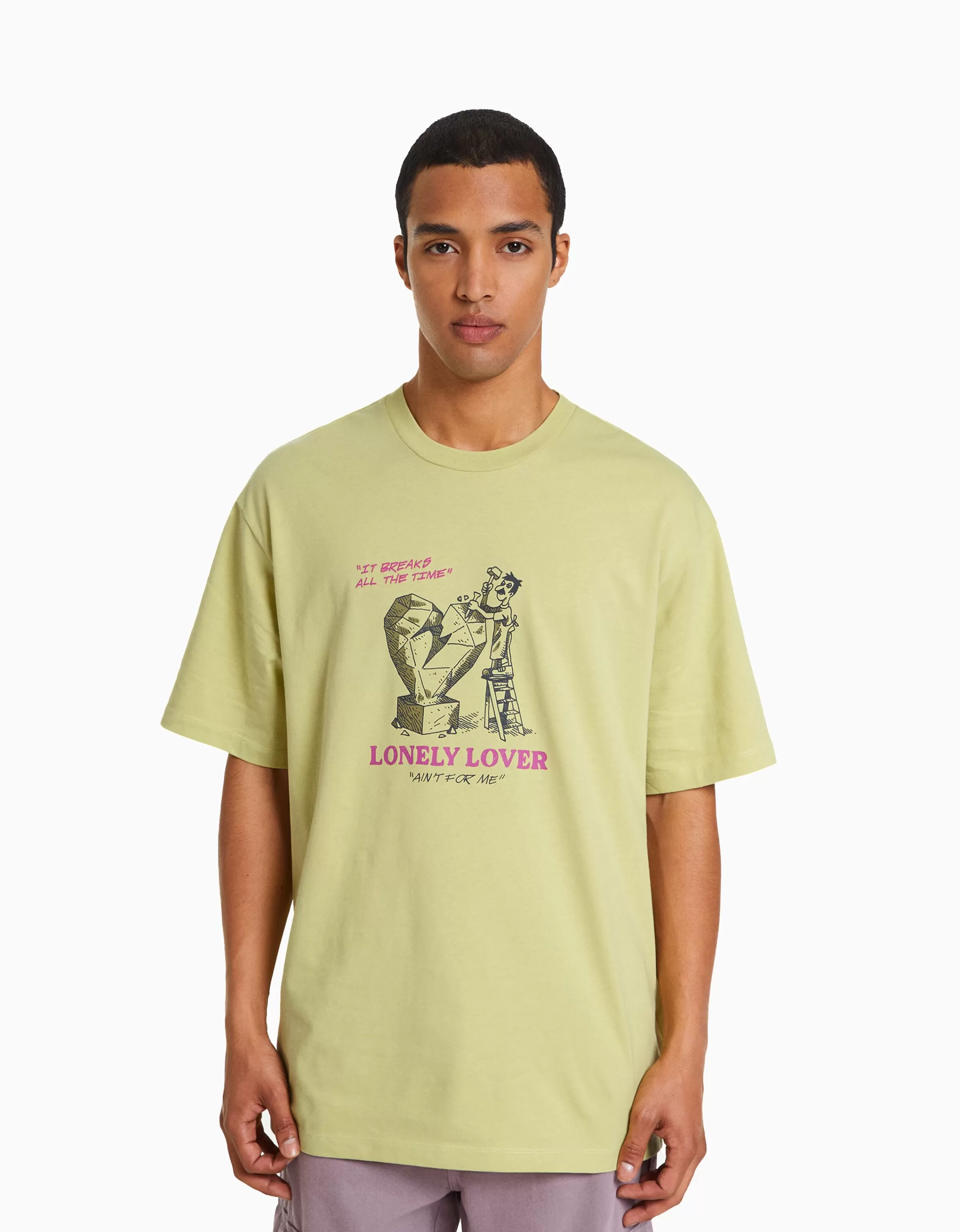 BERSHKA Tee-shirts*T-shirt boxy manches courtes imprimé Lime