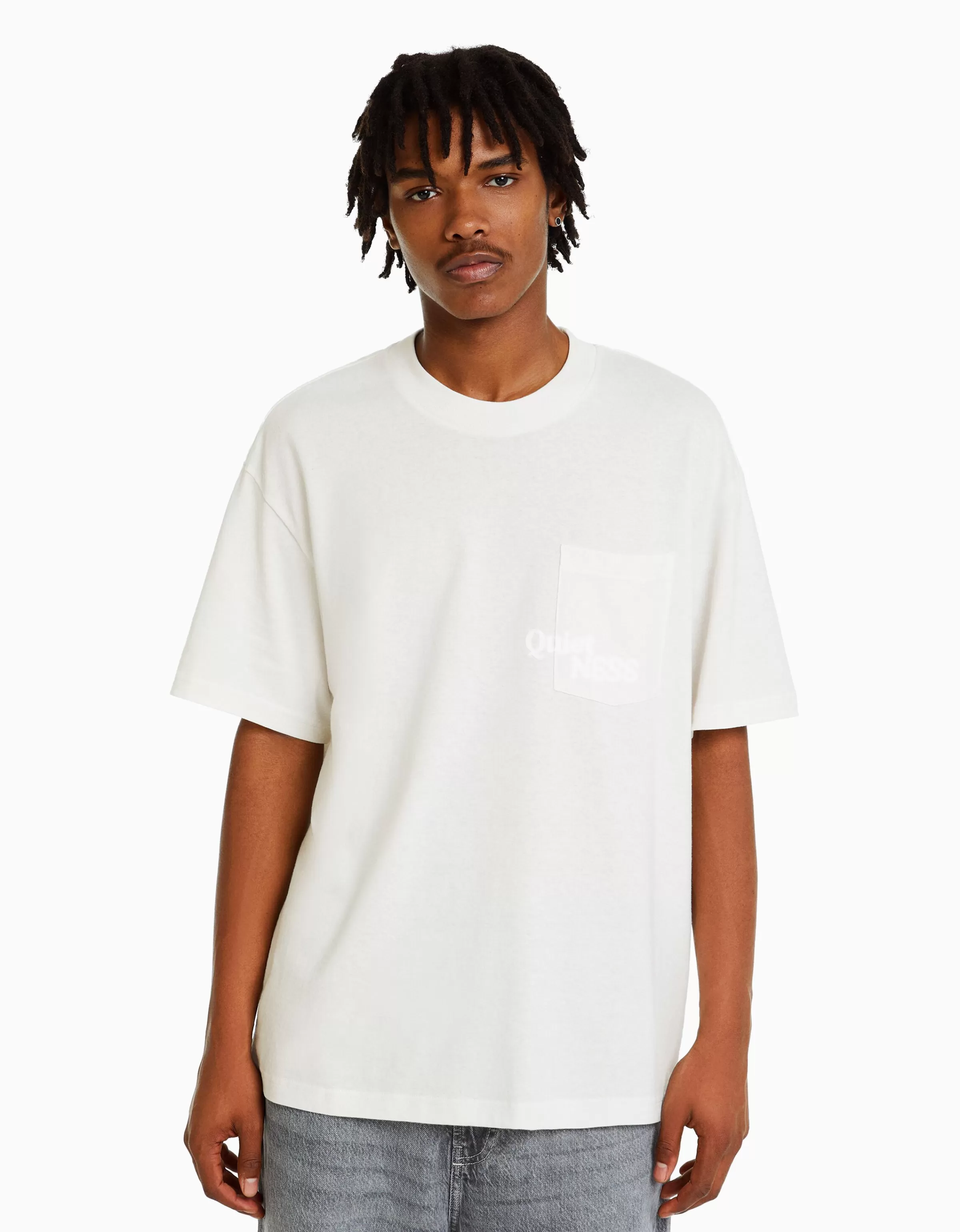 BERSHKA Vêtements*T-shirt manches courtes boxy fit poche Blanc