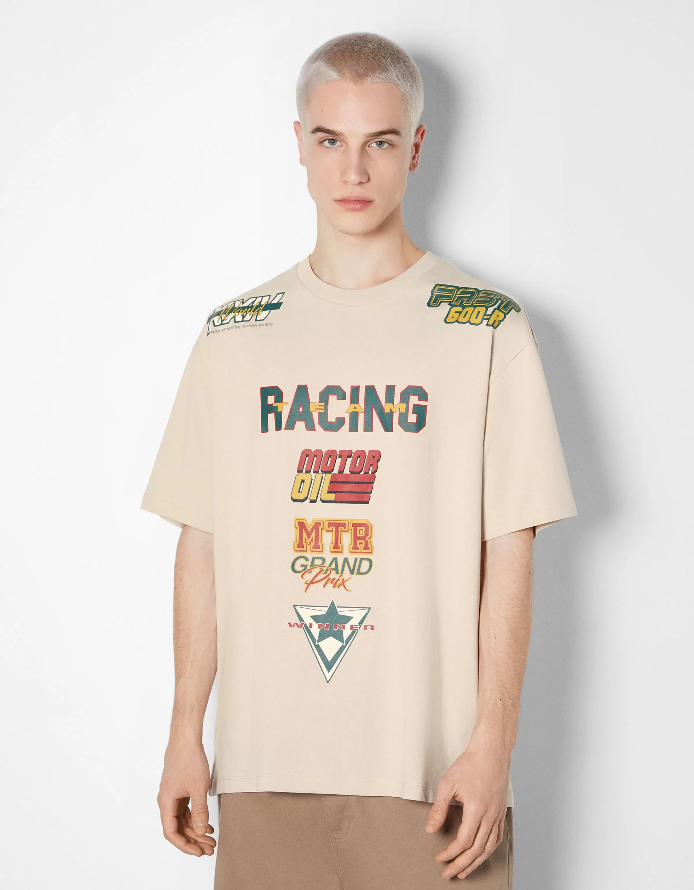 BERSHKA Tee-shirts*T-shirt manches courtes boxy imprimé racing Camel