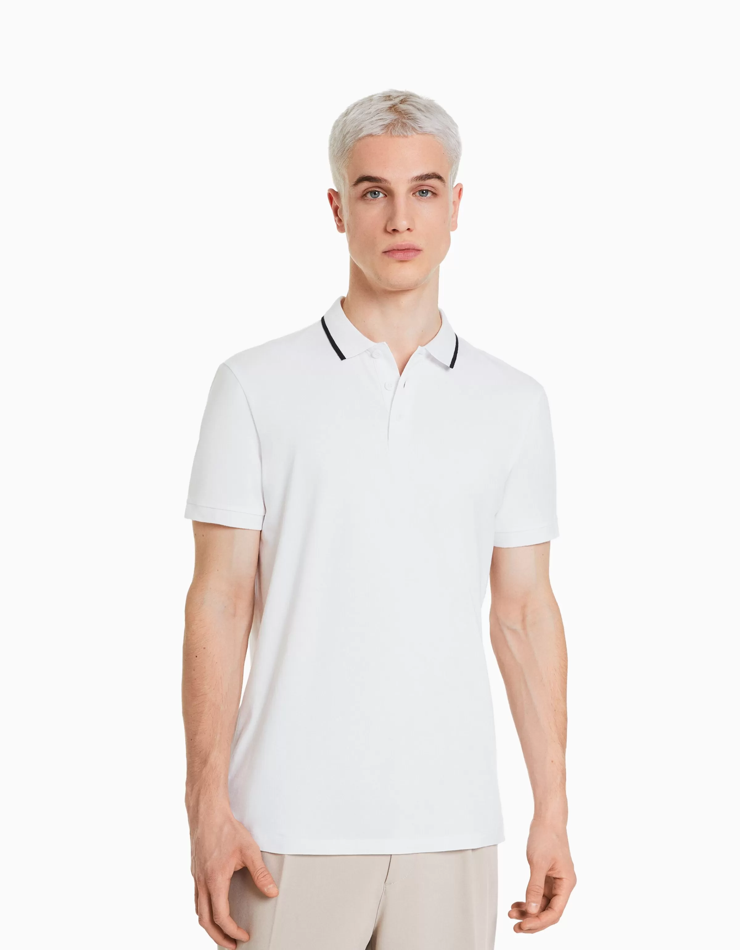 BERSHKA Tee-shirts*T-shirt manches courtes col polo bandes Blanc