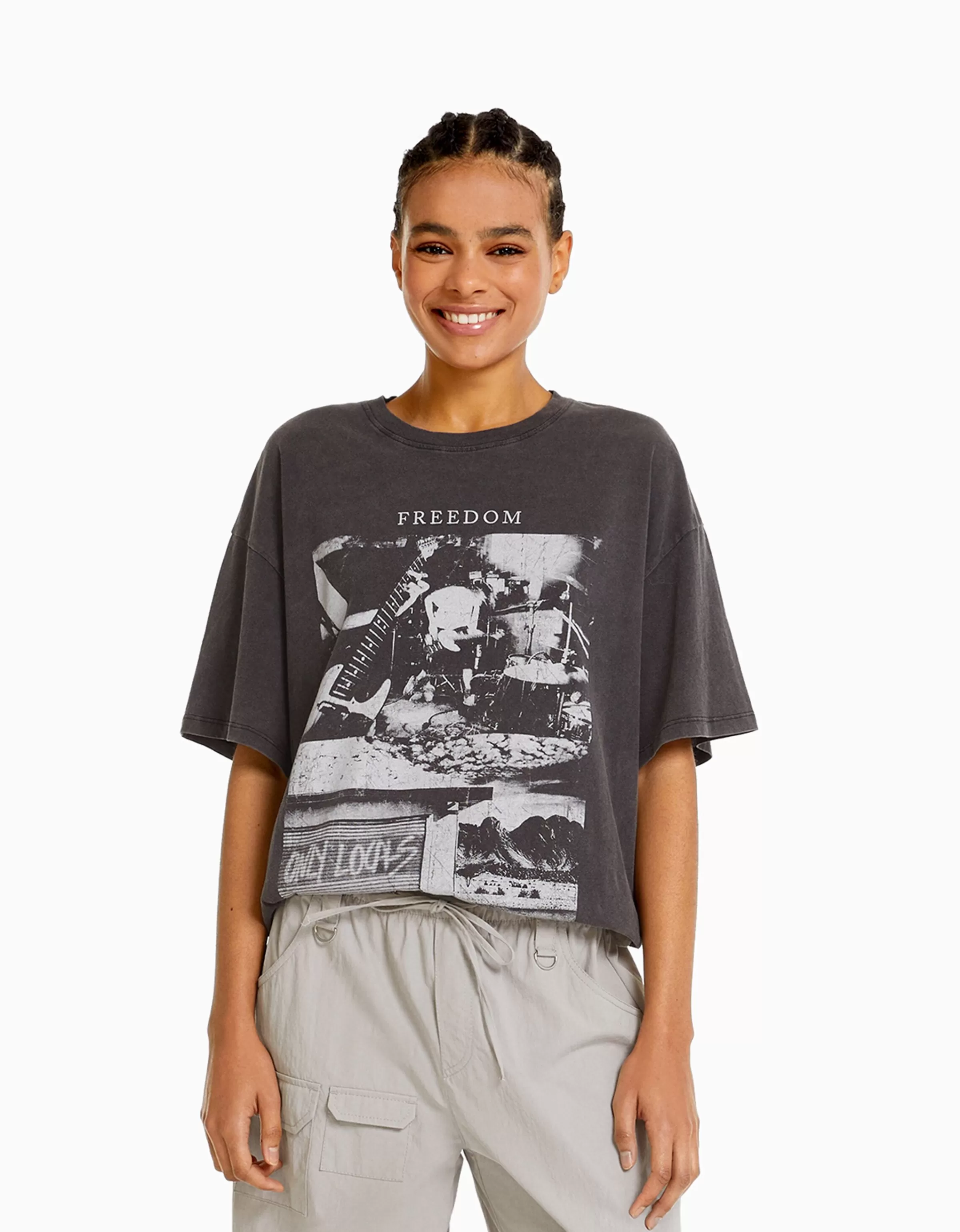 BERSHKA Vêtements*T-shirt manches courtes imprimé Noir