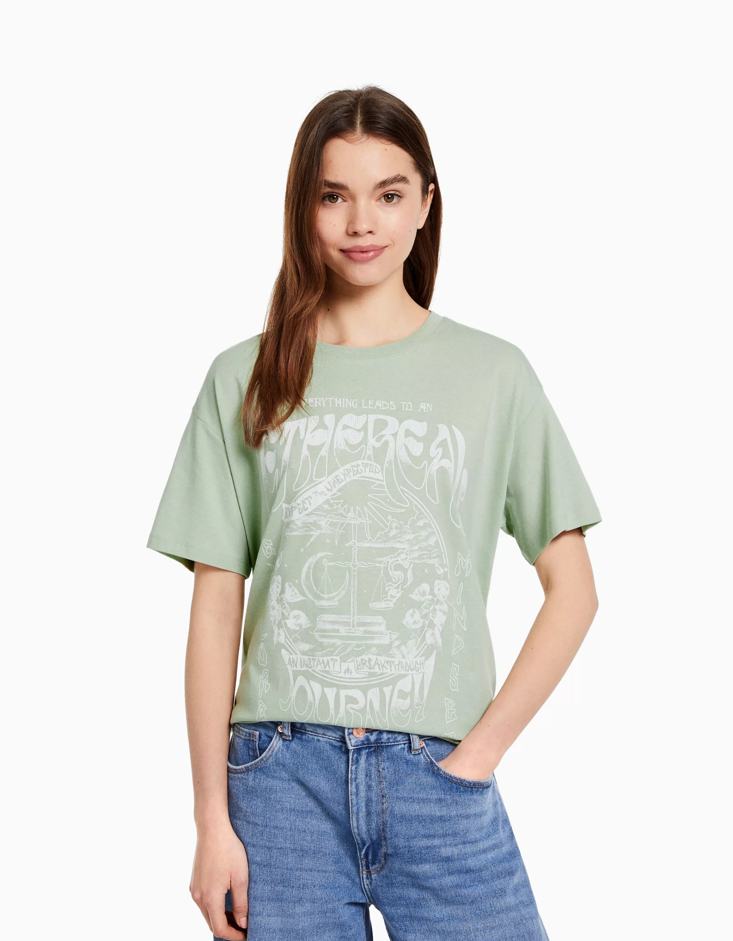 BERSHKA Tee-shirts*T-shirt manches courtes imprimé Gris