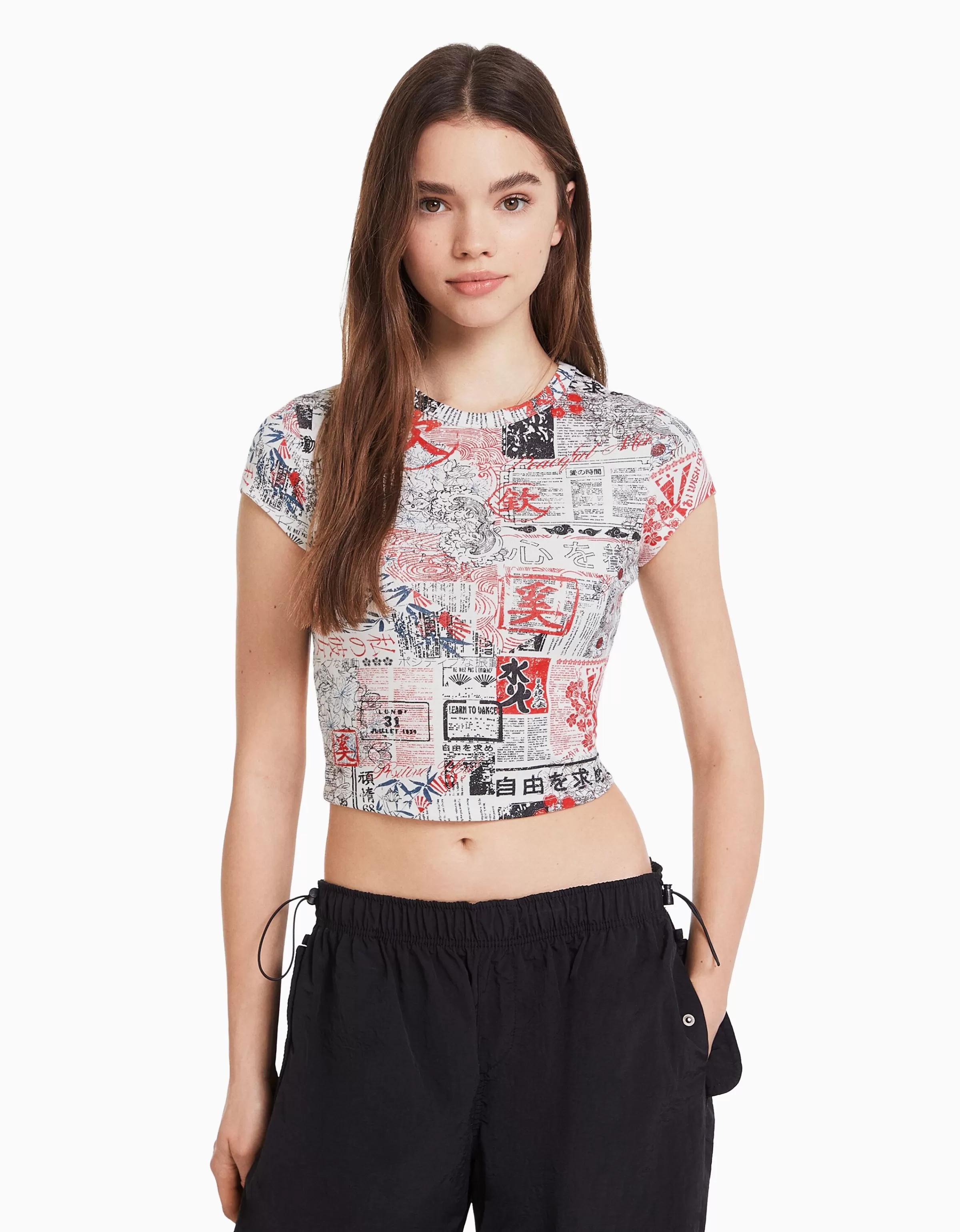 BERSHKA Tee-shirts*T-shirt manches courtes imprimé Noir