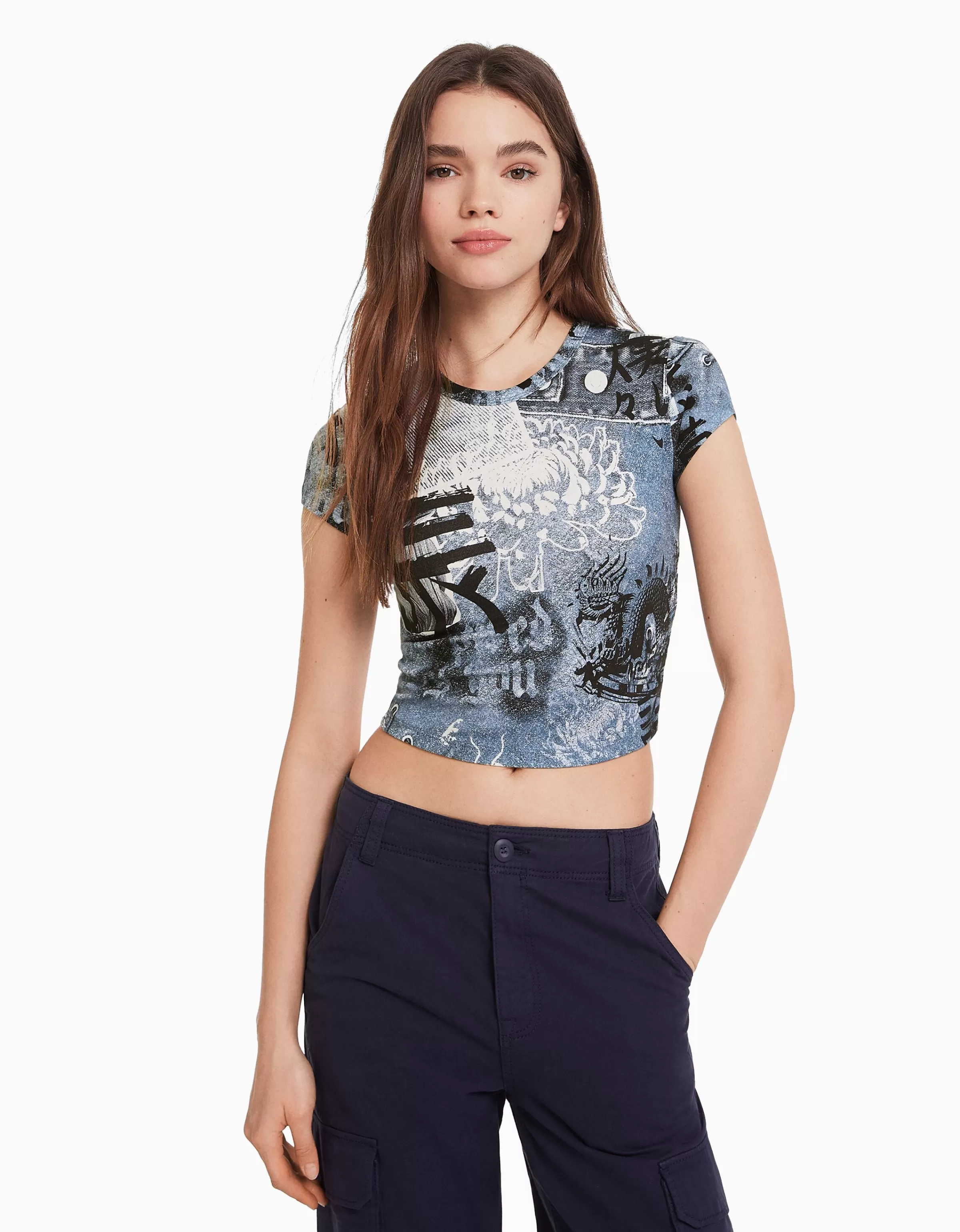 BERSHKA Tee-shirts*T-shirt manches courtes imprimé Noir