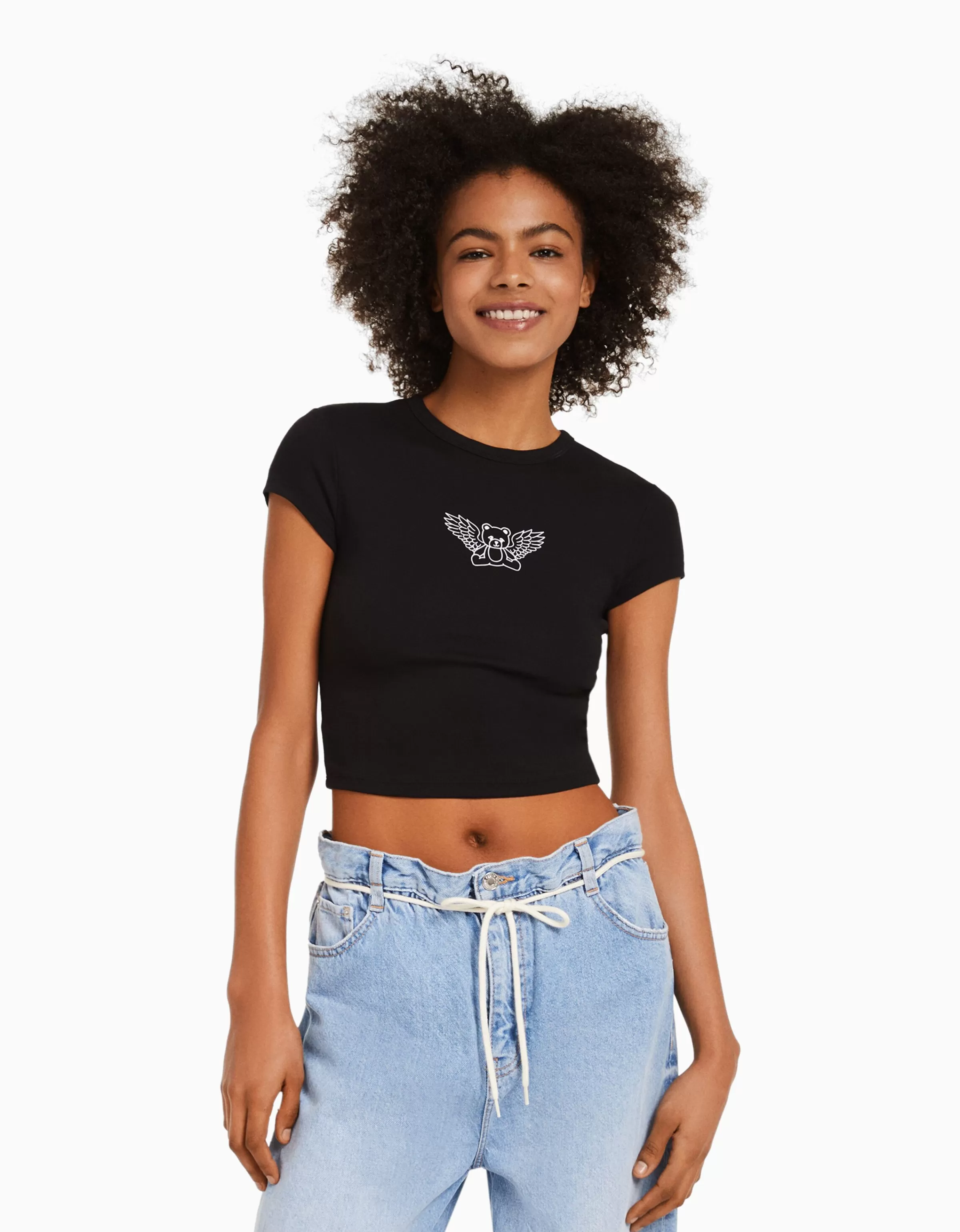 BERSHKA Tee-shirts*T-shirt manches courtes imprimé Noir