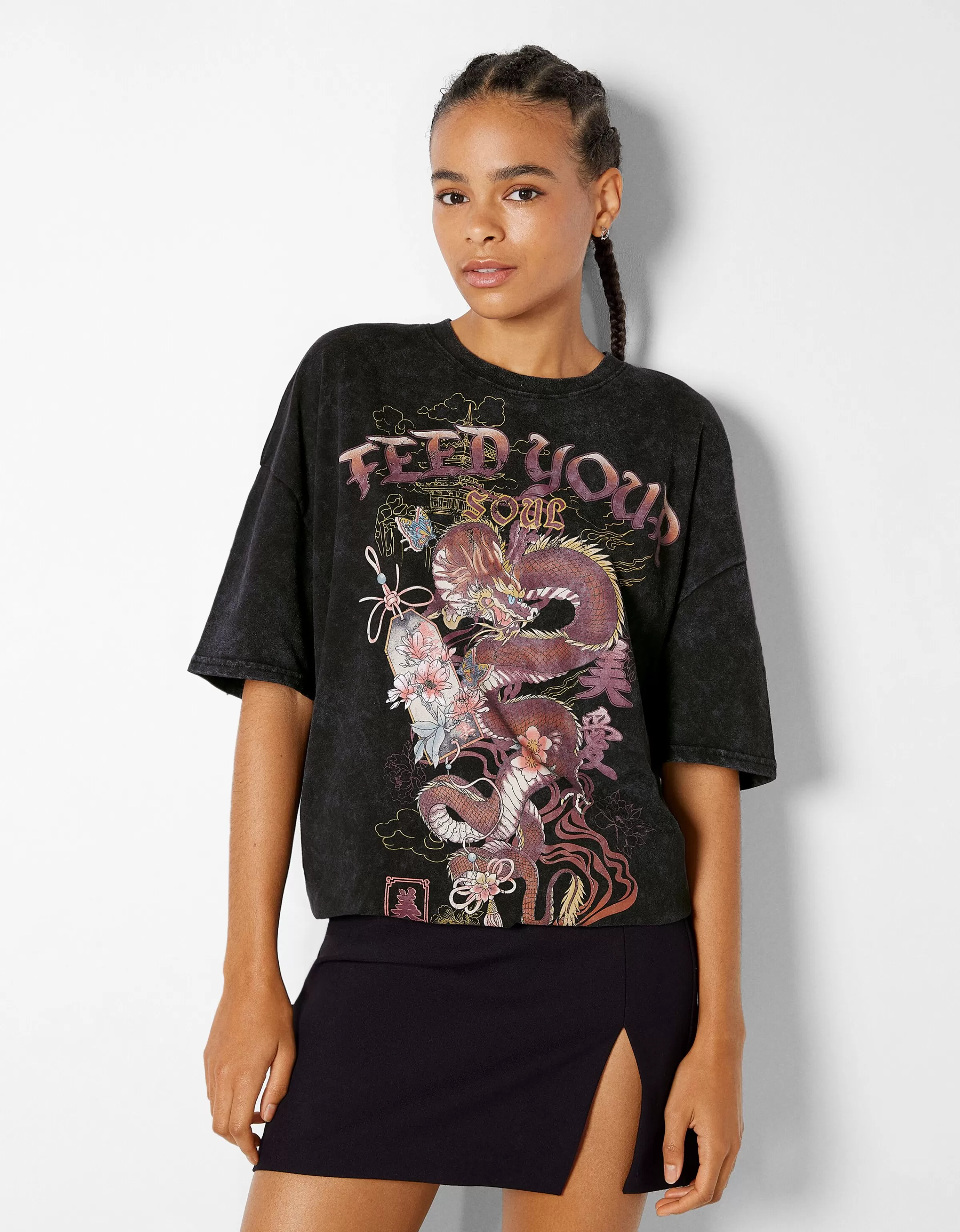 BERSHKA Tee-shirts*T-shirt manches courtes imprimé Noir