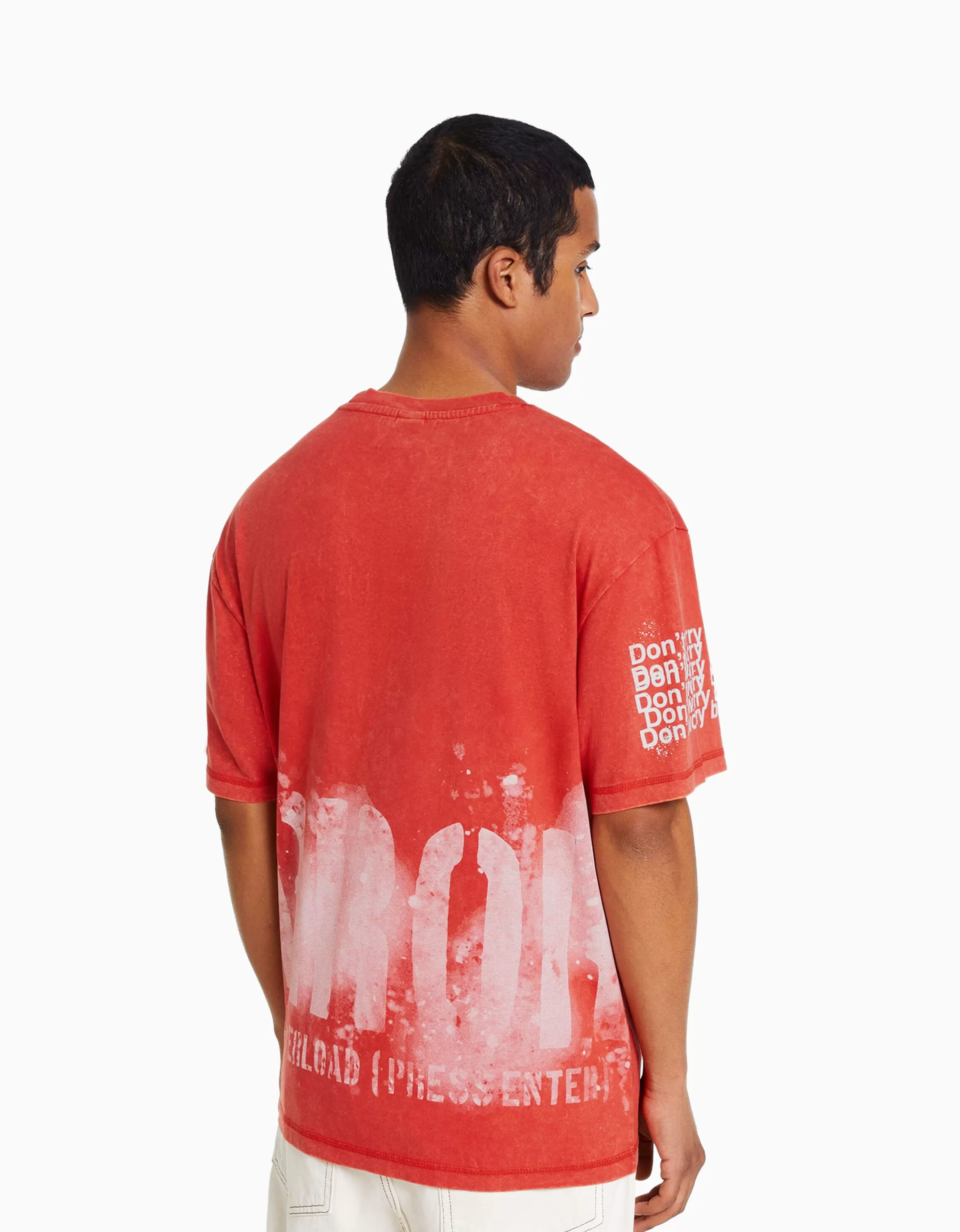 BERSHKA Vêtements*T-shirt manches courtes imprimé effet délavé Rouge