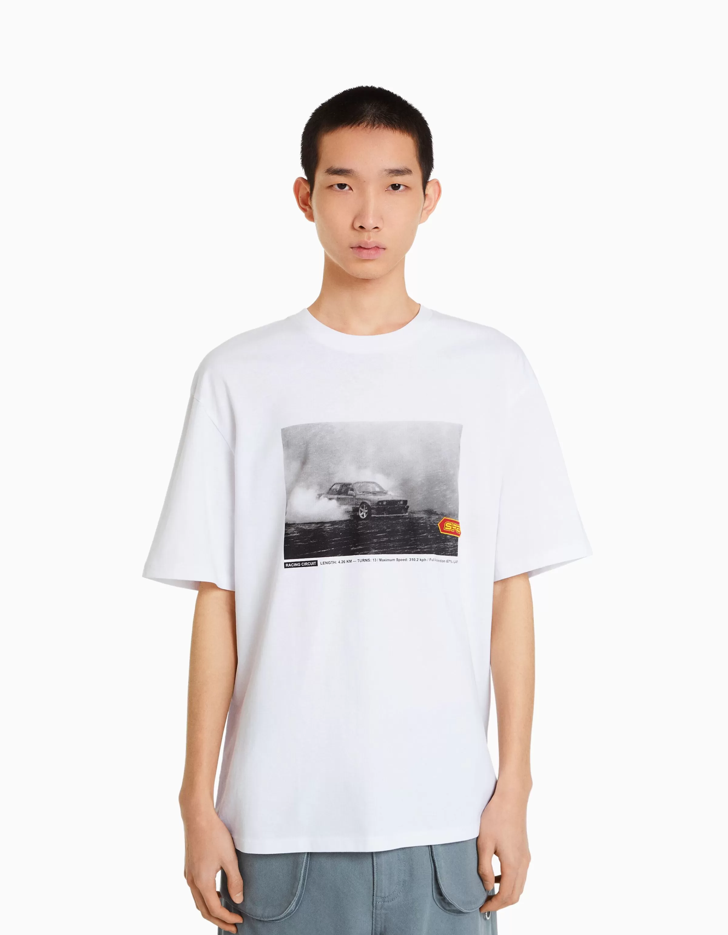 BERSHKA Vêtements*T-shirt manches courtes oversize imprimé racing Blanc