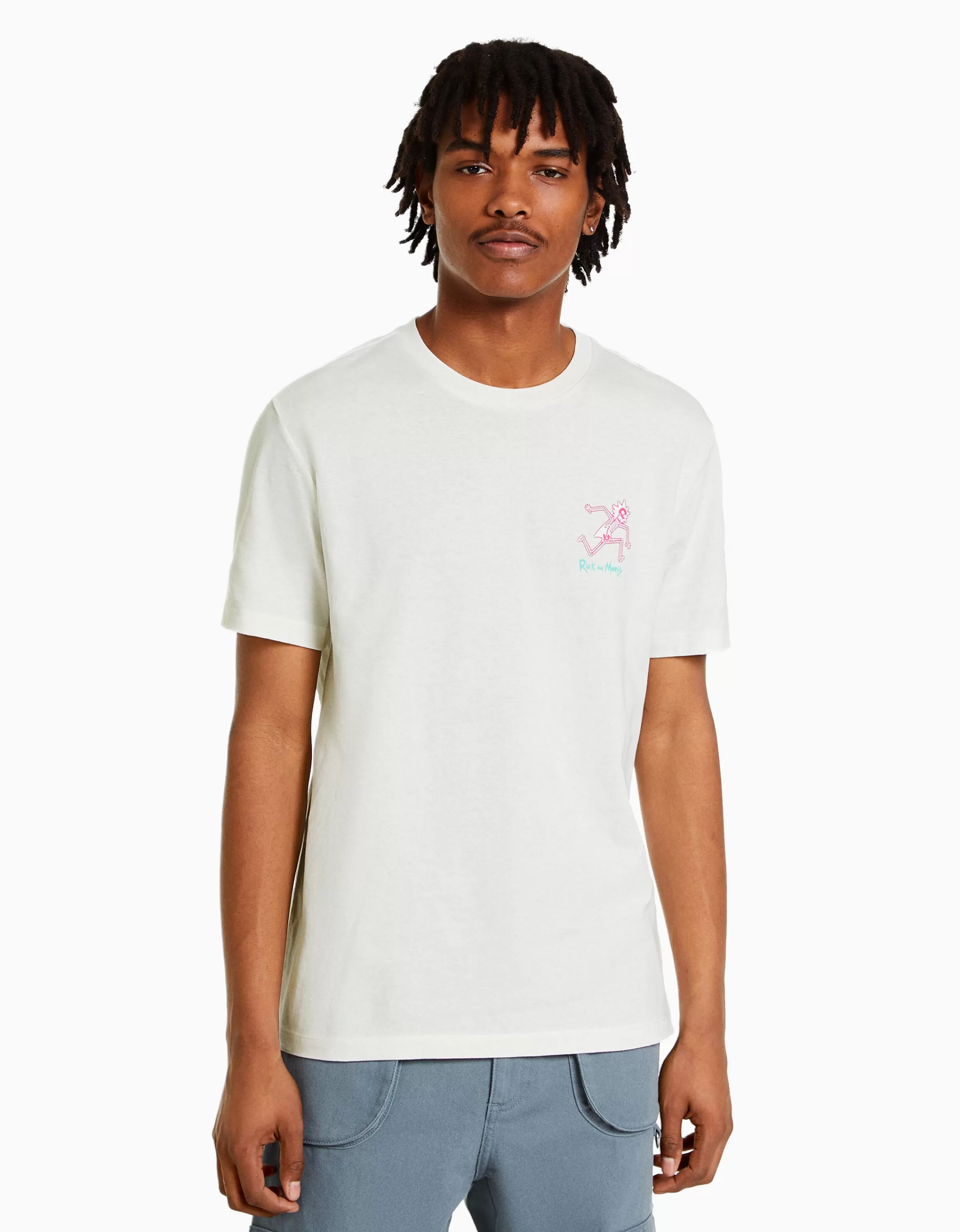 BERSHKA Vêtements*T-shirt manches courtes regular fit imprimé Rick et Morty Blanc
