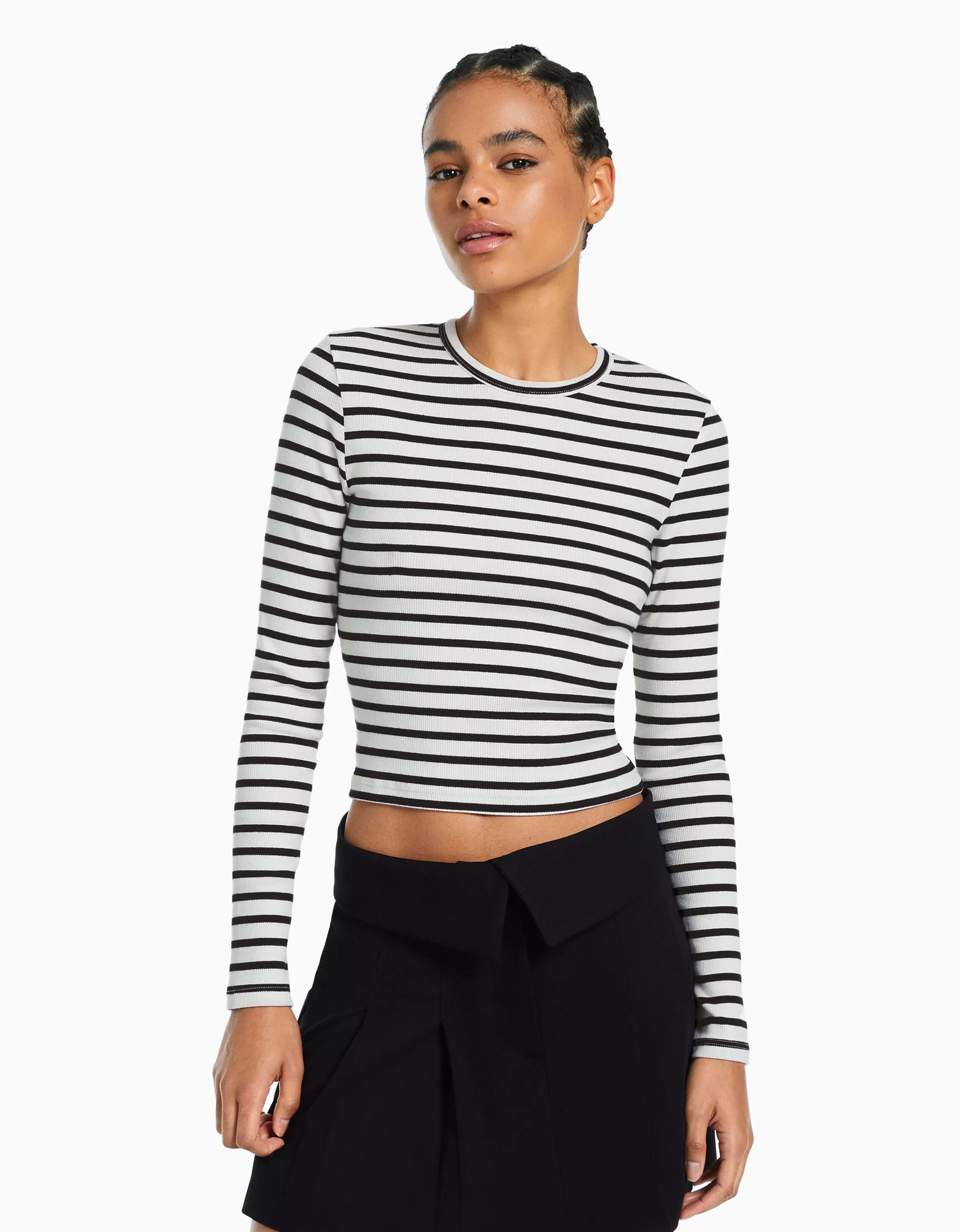 BERSHKA Tee-shirts*T-shirt manches longues bord-côte Blanc / Noir