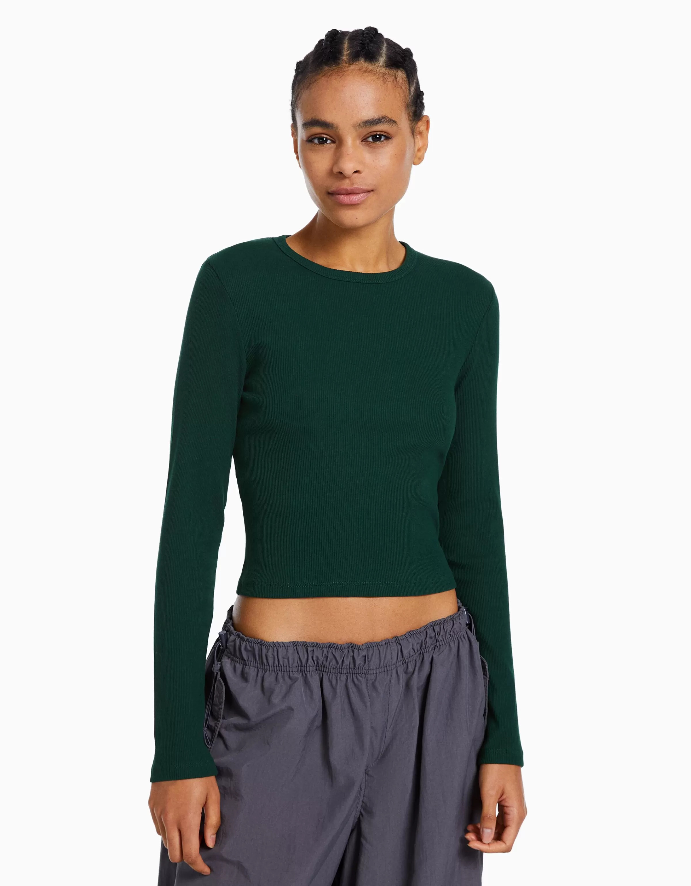 BERSHKA Tee-shirts*T-shirt manches longues bord-côte Vert