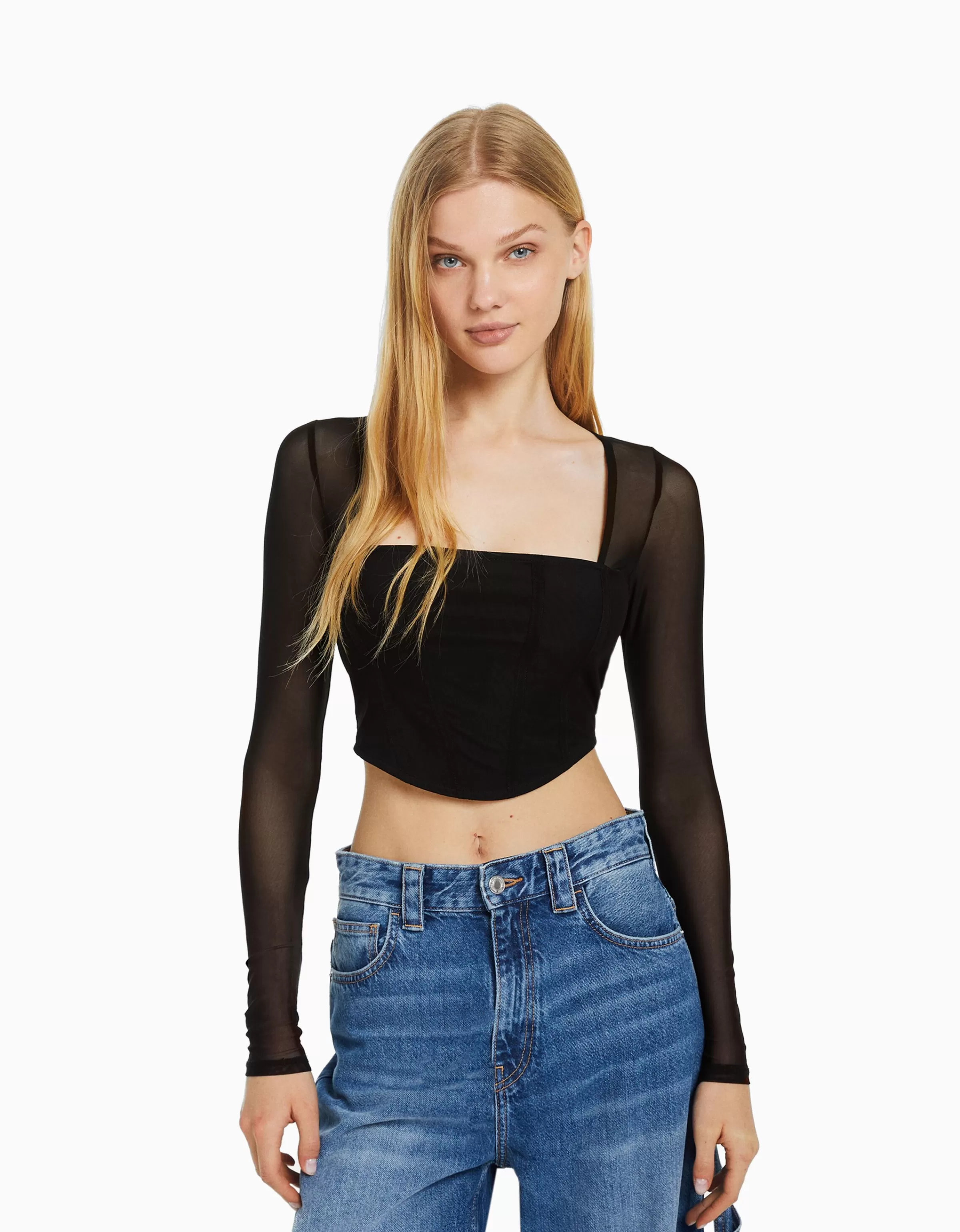 BERSHKA Tee-shirts*T-shirt manches longues corset tulle Noir