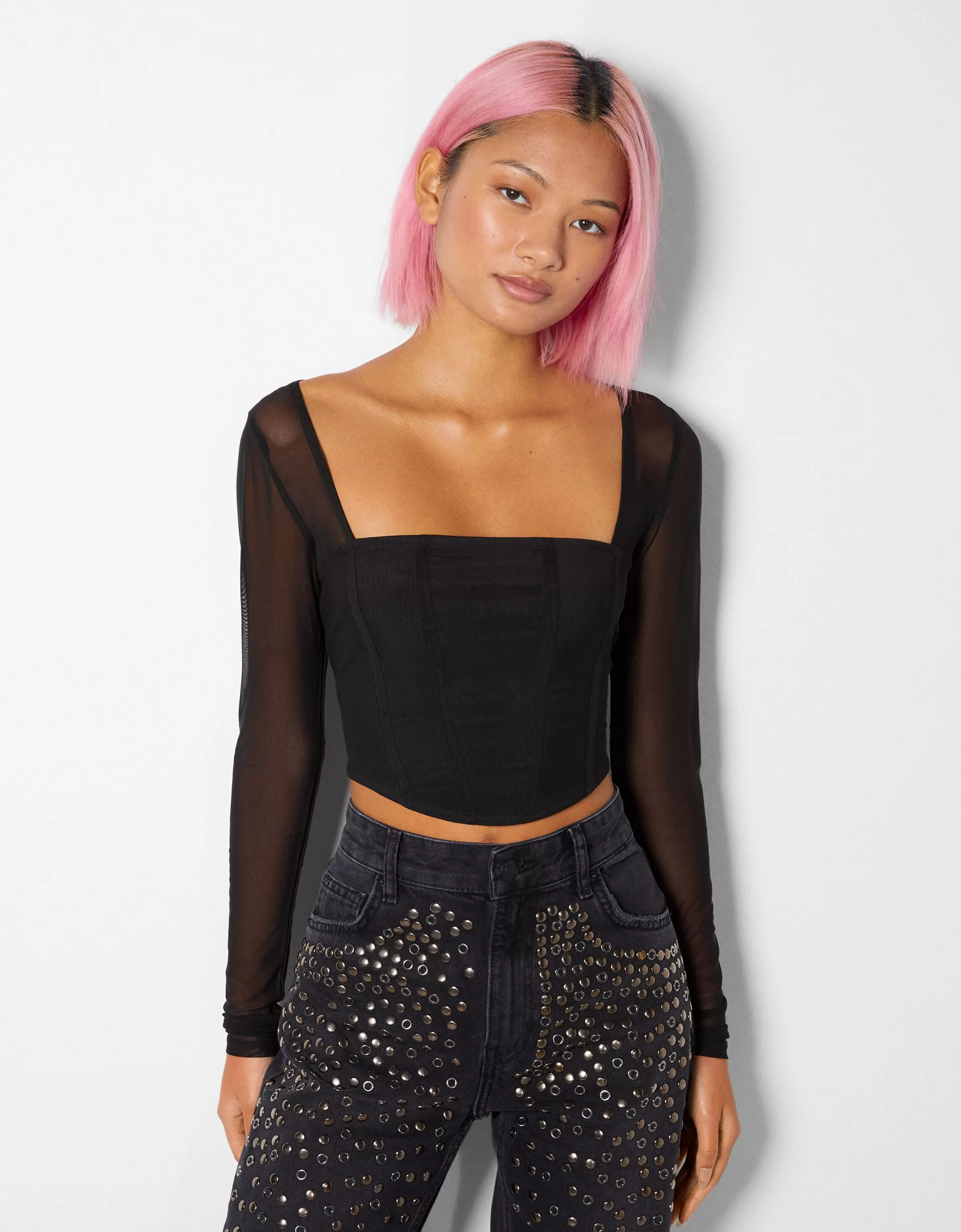 BERSHKA Party*T-shirt manches longues corset tulle Noir