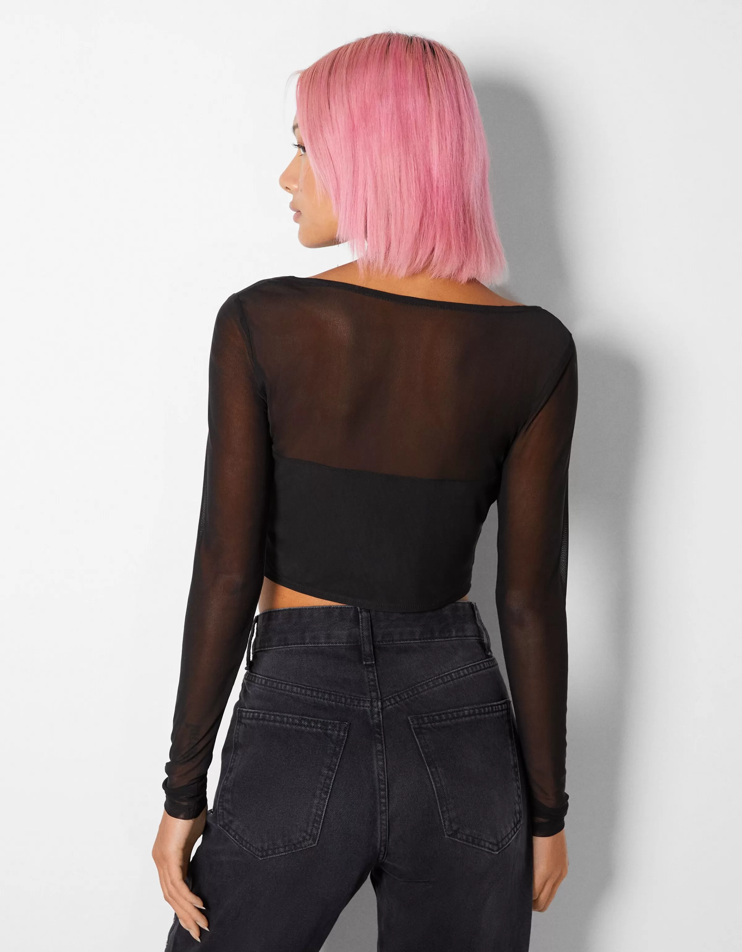 BERSHKA Party*T-shirt manches longues corset tulle Noir