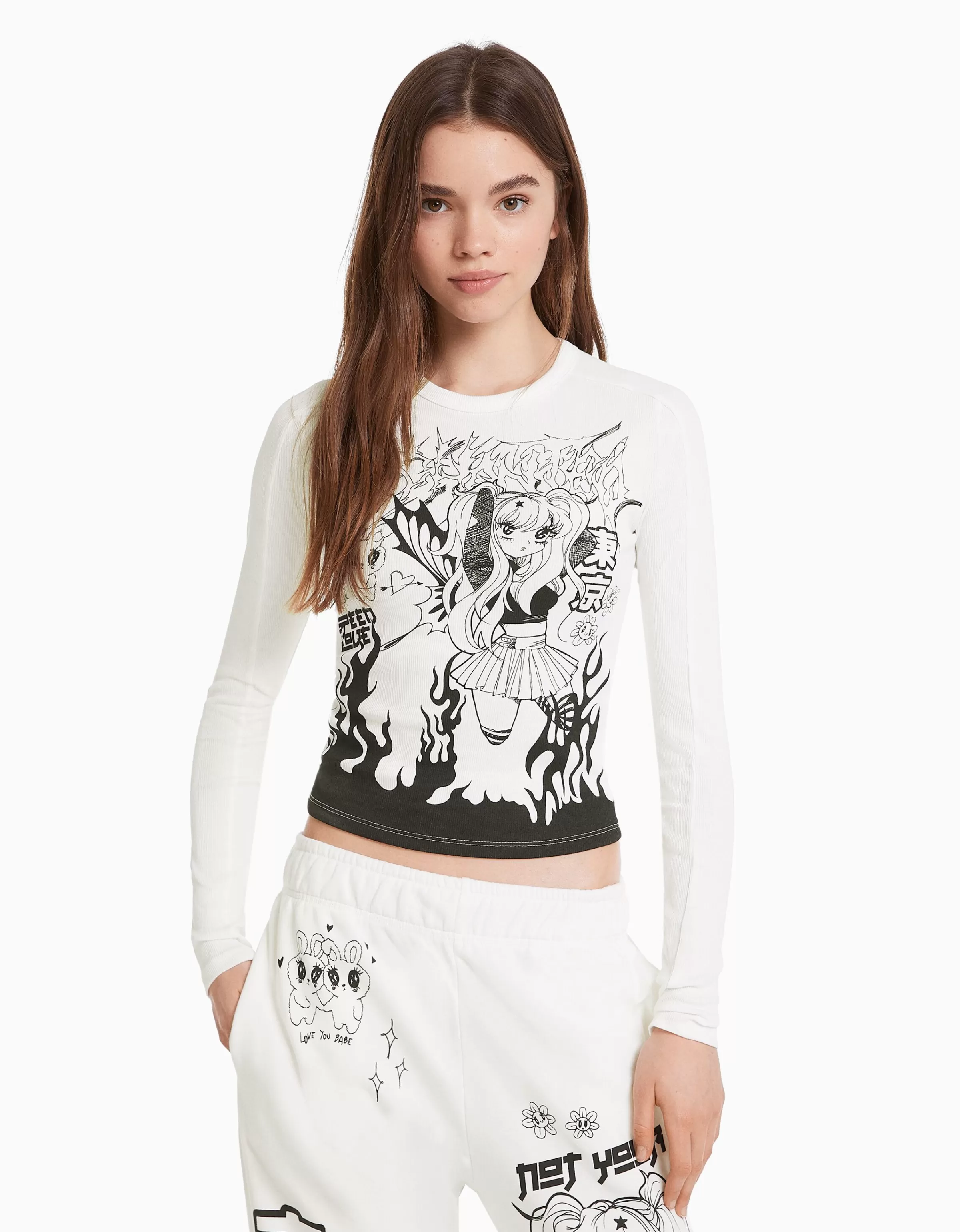 BERSHKA Tee-shirts*T-shirt manches longues imprimé anime Rose