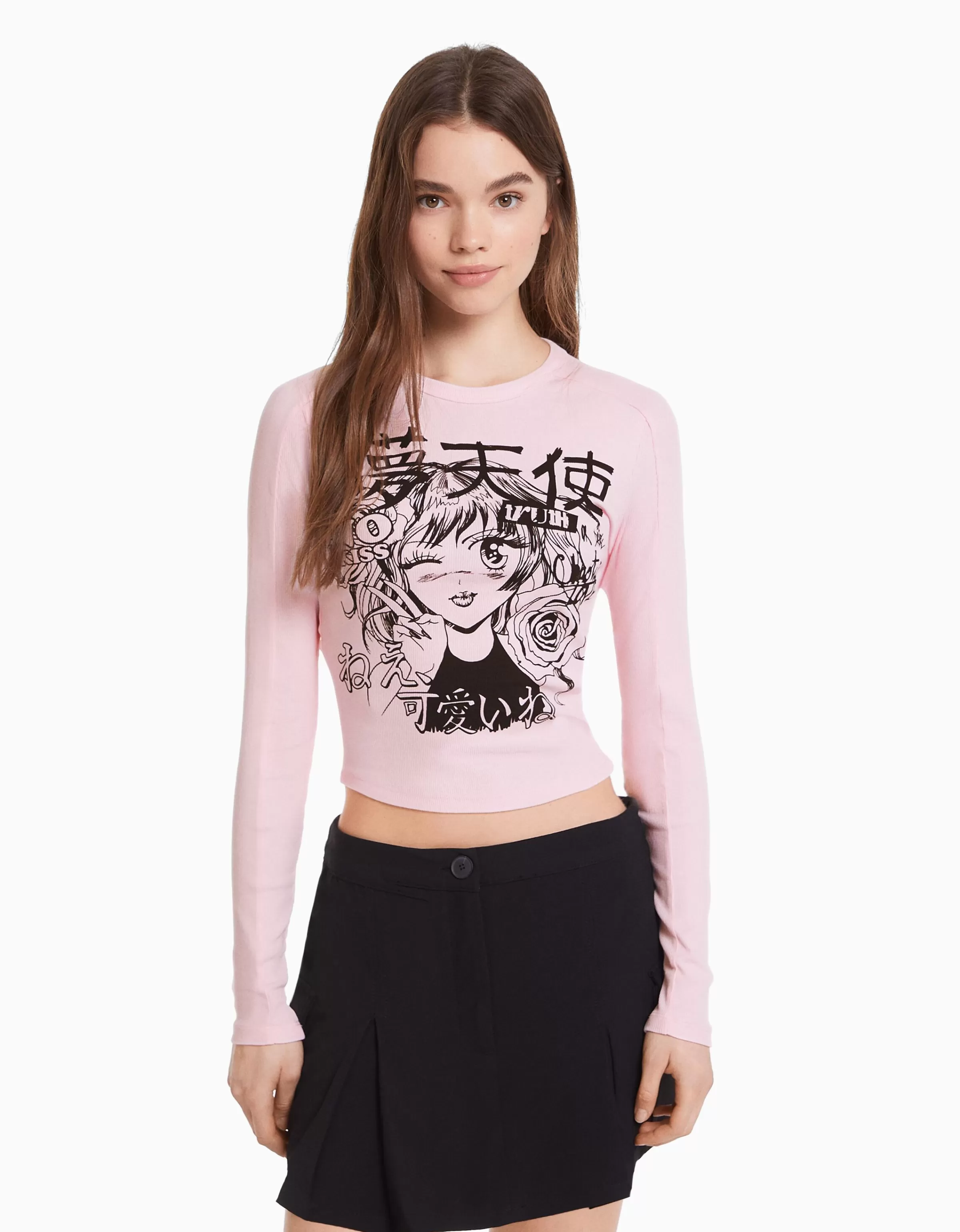 BERSHKA Tee-shirts*T-shirt manches longues imprimé anime Rose