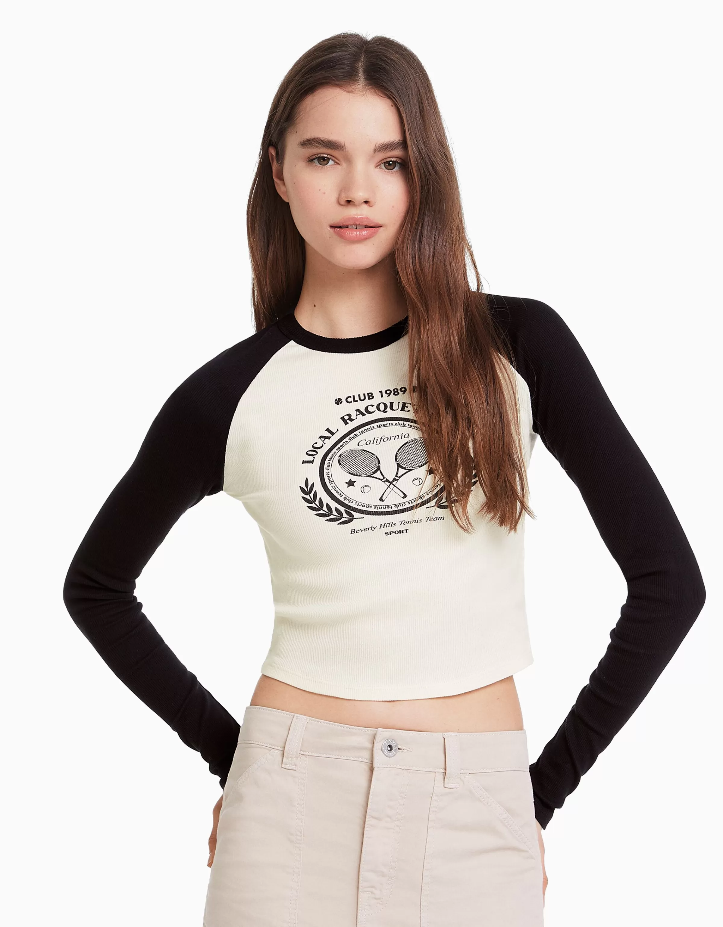 BERSHKA Tee-shirts*T-shirt manches longues raglan Blanc / Noir