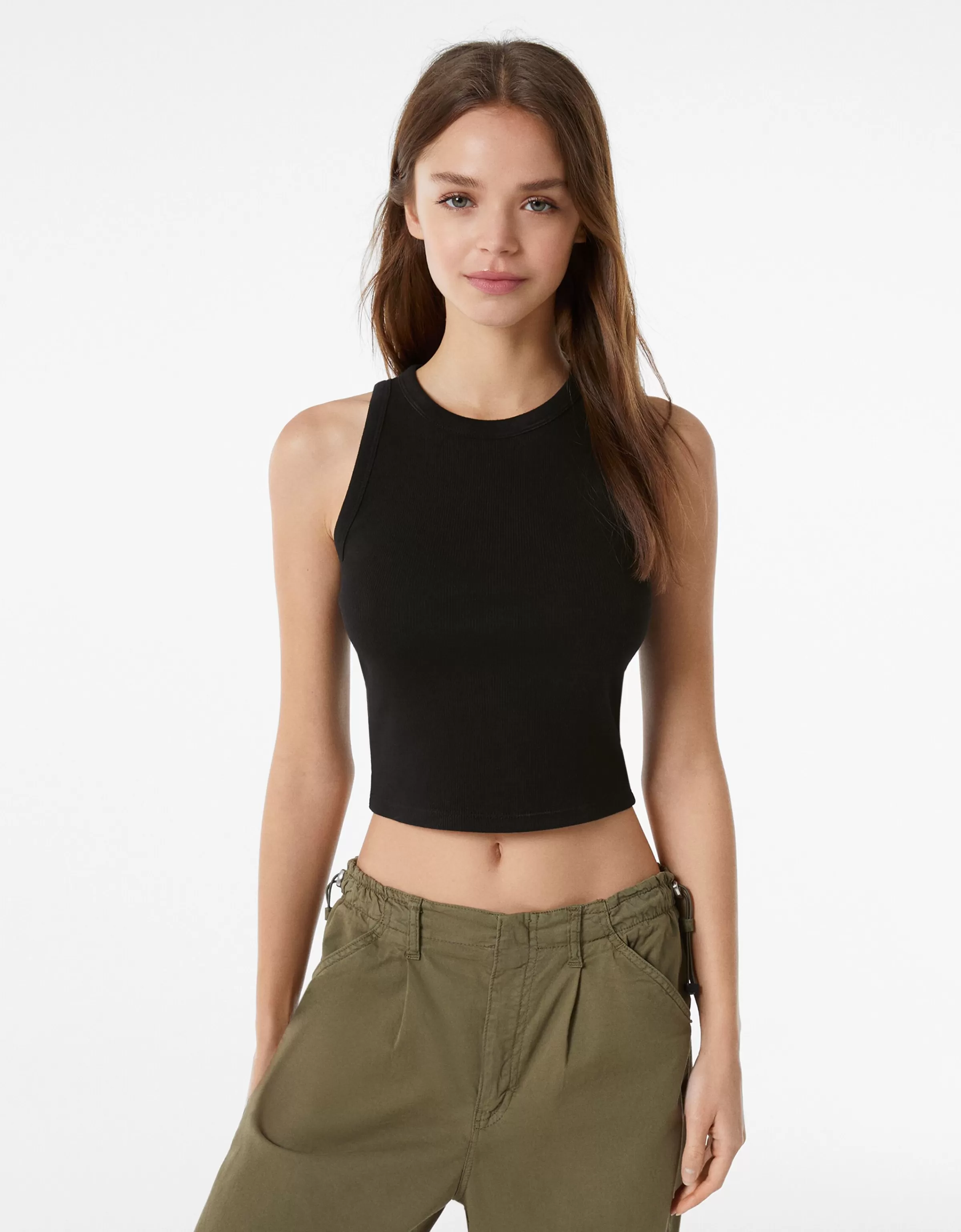 BERSHKA Tops et corsets*T-shirt sans manches bord-côte Noir