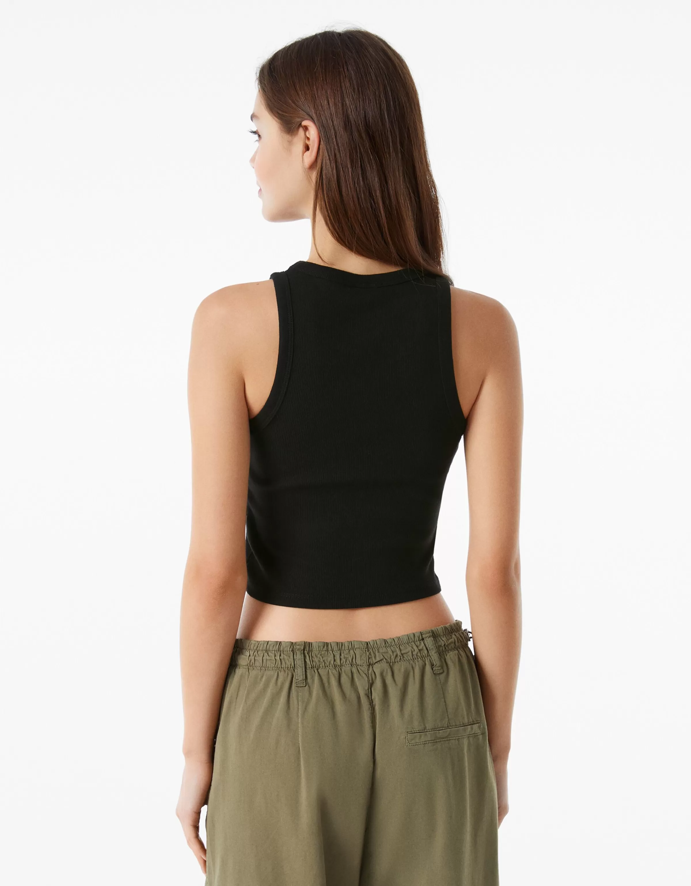 BERSHKA Tops et corsets*T-shirt sans manches bord-côte Noir