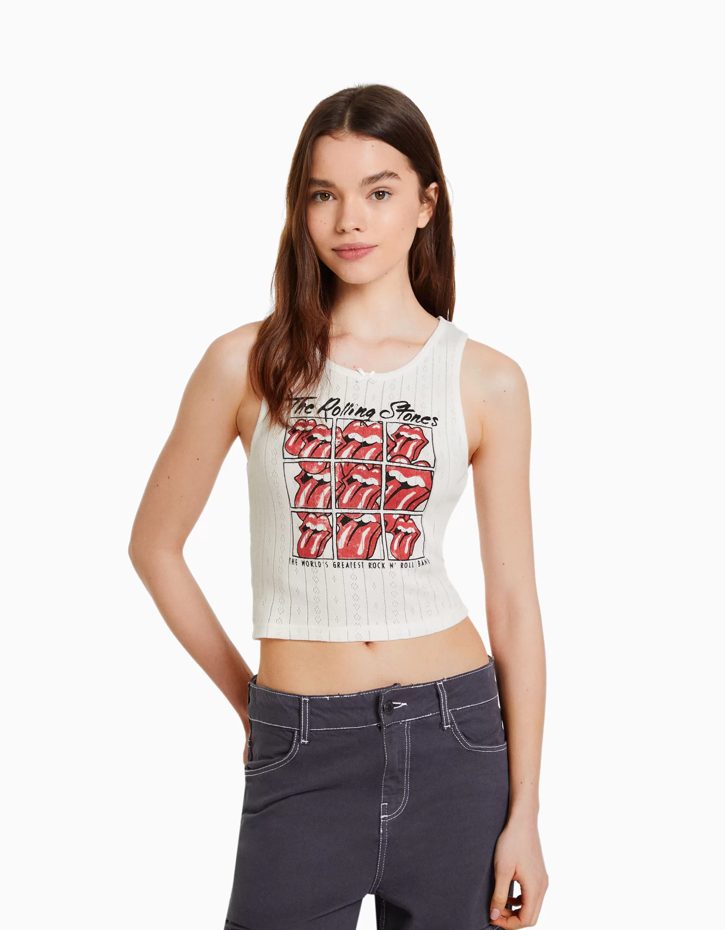 BERSHKA Tee-shirts*T-shirt sans manches maille pointelle imprimé The Rolling Stones Blanc