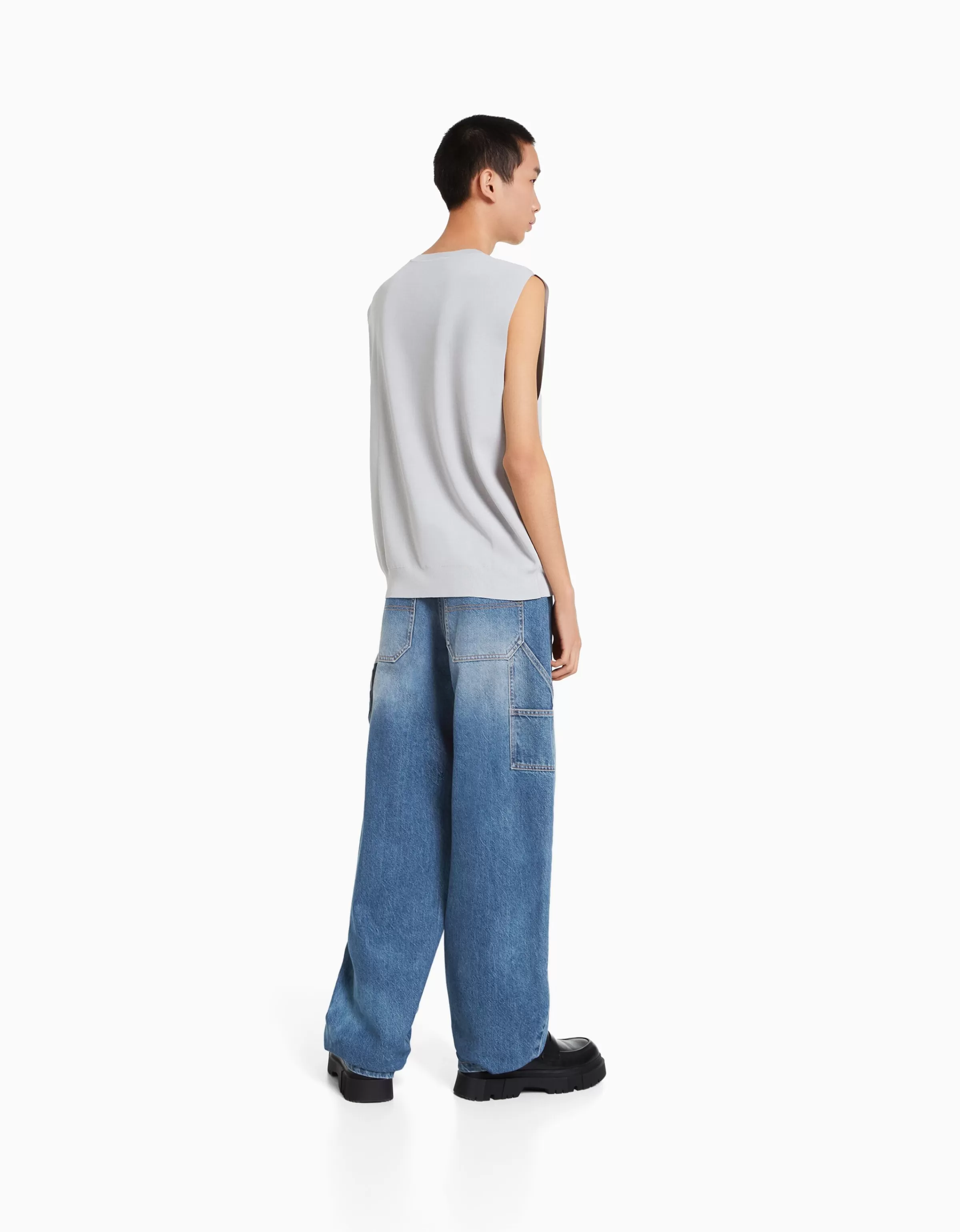 BERSHKA Vêtements*Wide balloon leg carpenter jeans with detailing Bleu lavé